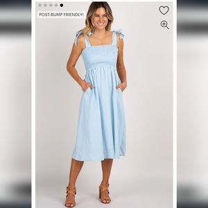 Light Blue Strap Tie Smocked Maternity Dress